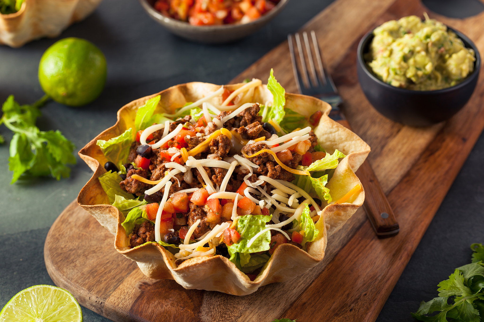 Taco Salad in a Tortilla Bowl with Beef and Cheese Taco Salad in a Tortilla Bowl with Beef and Cheese